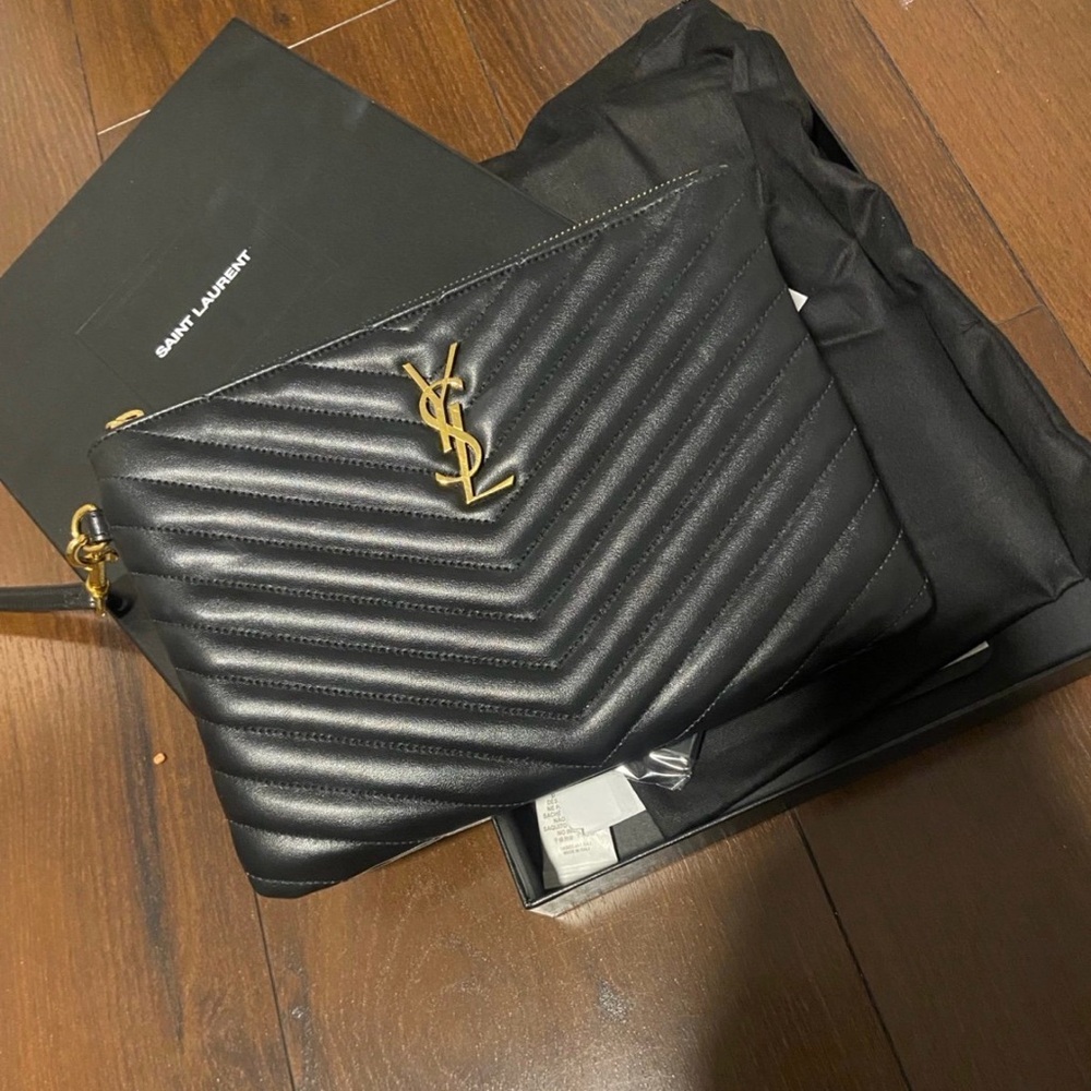 YSL Saint Laurent black gold pouch wristlet chevron bag